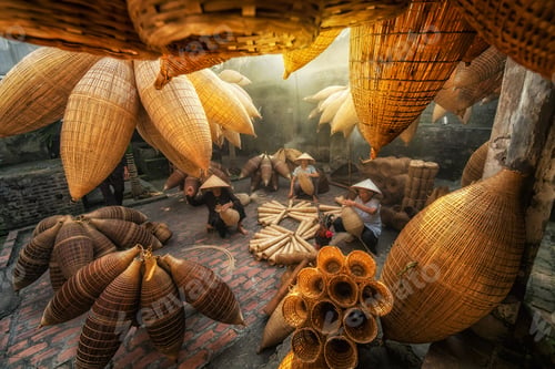 Preview: Group of Old Vietnamese female craftsman making the traditional bamboo fish trap
