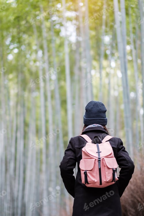 Preview: woman Traveling at Arashiyama Bamboo Grove, Happy Asian traveler looking Sagano Bamboo Forest