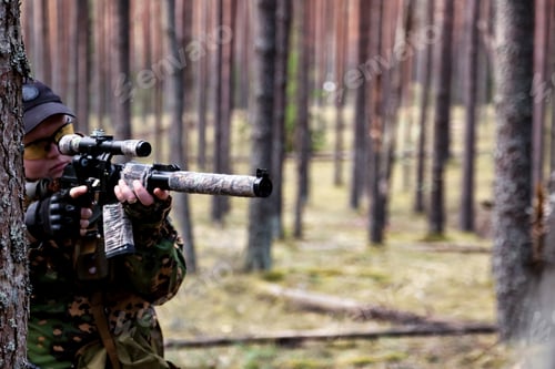 Preview: Russian soldiers sniper man dressed military disguise camouflage uniform with rifle