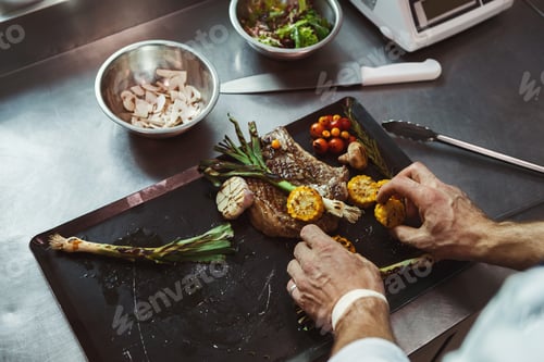 Preview: Chef cooking juicy beef steak at restaurant kitchen
