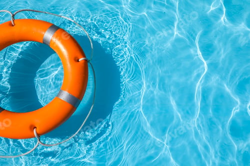Preview: Lifebuoy floating in swimming pool on sunny day. Space for text