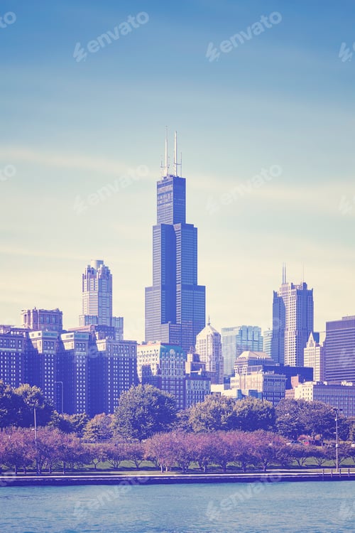Preview: Retro toned photo of Chicago city downtown skyline, USA