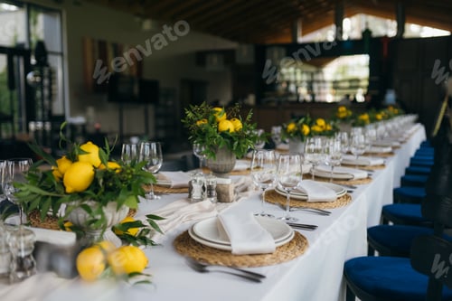 Preview: Decorated wedding banquet hall in classic style.