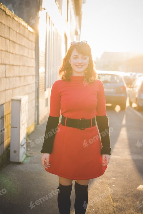 Preview: young beautiful red dressed vintage hipster woman