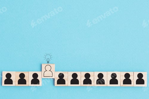 Preview: People in a row and one different human with idea lamp over his head on blue background