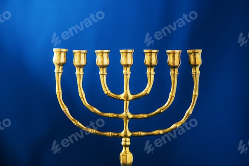 Preview: Golden hanukkah menorah on blue background. Jewish holiday banner with copy space. Ancient ritual