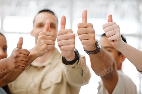 Preview: Hand closeup of motivation, thumbs up and team support of professional architecture, marketing or d