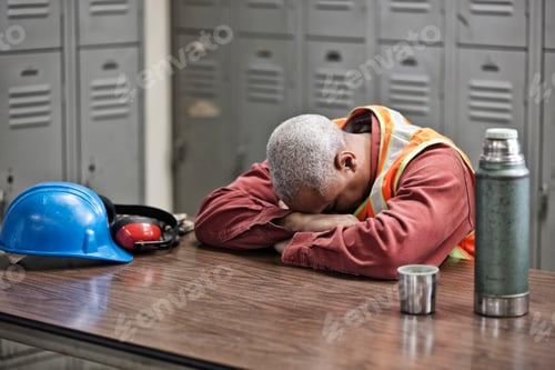 Preview: Black man factory worker taking a break from work in a factory locker room.