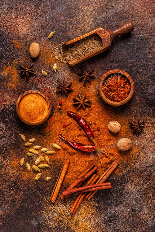 Preview: Spices ingredients for cooking. Spices concept.
