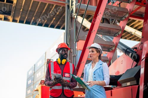 Preview: foreman checking containers in the terminal, at import and export business logistic company.