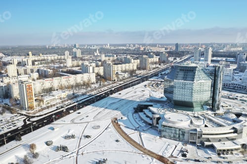 Preview: Top view of the National Library in Minsk in winter. Belarus, public building