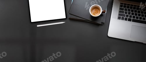 Preview: Top view workspace with blank screen portable tablet, laptop, notebook and cup of coffee