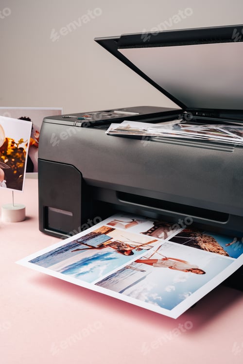 Preview: Modern laser printer printing color photos of women close up