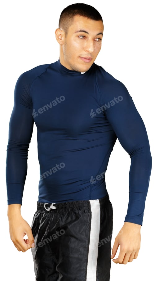 Preview: Man showing workout attire with long sleeves and shorts for fitness activity in a gym environment
