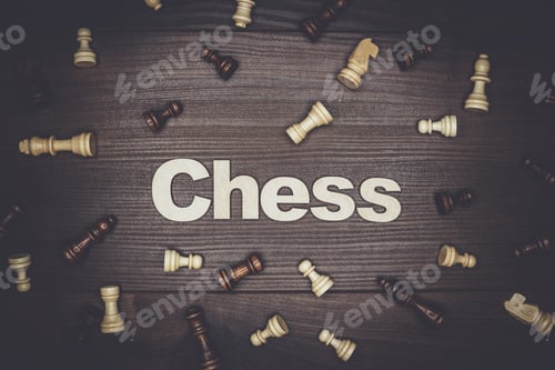 Overhead shot of wooden chess pieces and text