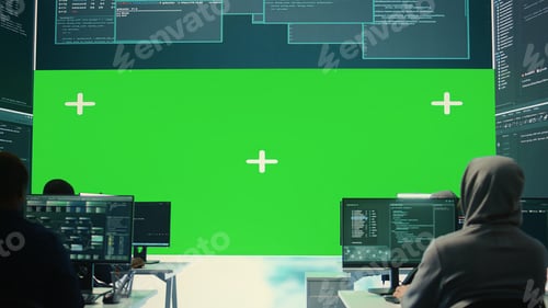 Preview: Team of governmental hackers look at green screen in high tech agency office
