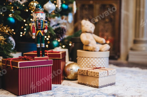 Preview: Picture of decorated Christmas or New Year tree with many gifts against home interior