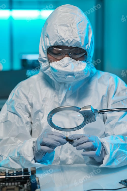 Preview: Young African man in protective gloves, eyeglasses and coveralls