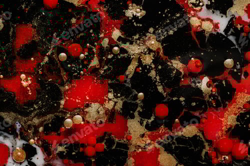 Preview: Abstract marble liquid glitter paint. Bubbles. Dark, white and red pearl inks in oil. Colorful shape