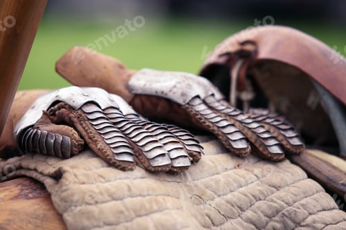 Preview: Closeup of a brown leather horse saddle