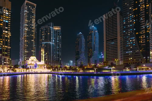 Preview: Night View Of Dubai Marina Towers. Dubai Marina Skyline Background. Holidays In United Arab Emirates