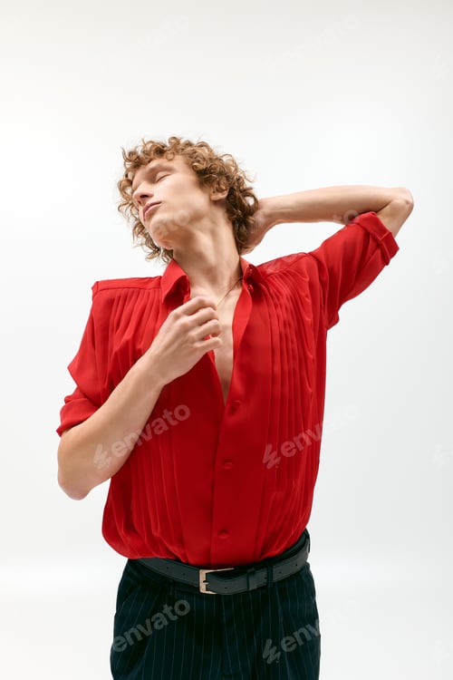 Preview: Man in Red Silk Shirt Posing Fashionably