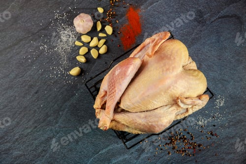 Preview: Raw turkey with cooking ingredients and spices on dark surface.