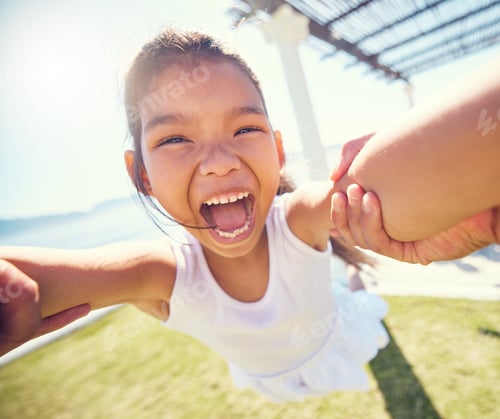 Preview: Girl child, pov spin and happy portrait with speed, smile and ocean park in summer sunshine with ha