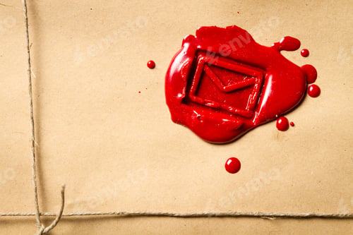 Preview: Close-up on the envelope symbol imprinted in red sealing wax