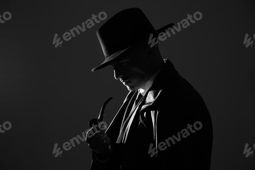 Preview: Old fashioned detective with smoking pipe on dark background, black and white effect