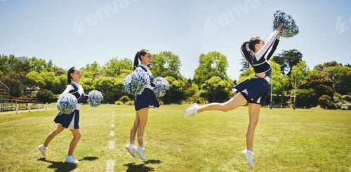 Preview: Cheerleader captain, dancing and practice routine on american football field for final competition.