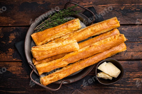 Preview: Homemade pastry, Bread sticks with cheese and salt. wooden background. top view