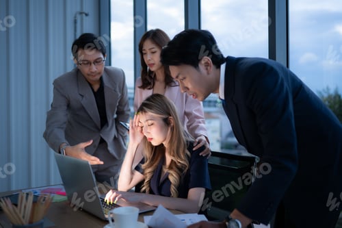 Preview: Group of broker international stock traders working actively at night in office,