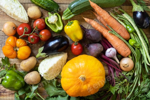 Preview: Big basket with different fresh farm vegetables. Vegetarian. Harvest.