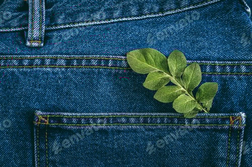 Preview: Sustainable fashion, Circular economy, denim eco friendly clothing. Green leaf plant on blue denim
