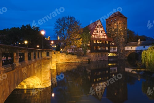 Preview: Nuremberg city houses on riverside of Pegnitz river. Nuremberg, Franconia, Bavaria, Germany
