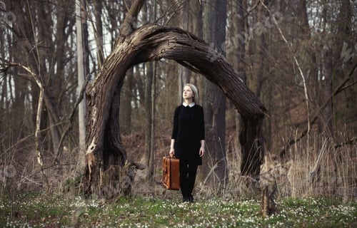 Preview: Blonde in dark dress with suicase near arc shape tree on swamp