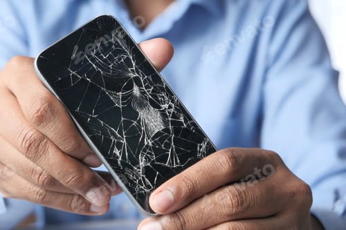 Preview: Close up of man hand holding broken smart phone.
