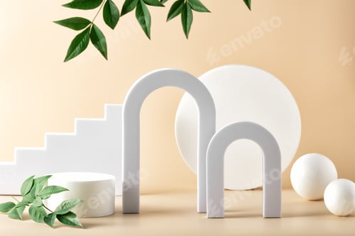 Preview: Abstract background with various geometrical forms and podiums in pastel color