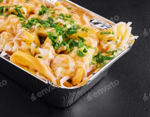 Preview: delicious french fries with cheese sauce