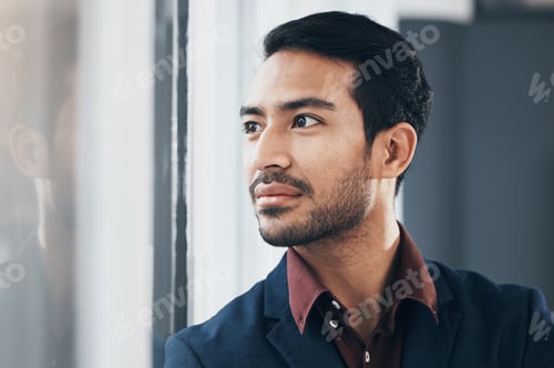 Preview: Window, face or architect man looking at real estate project, office view or business mission. Rela