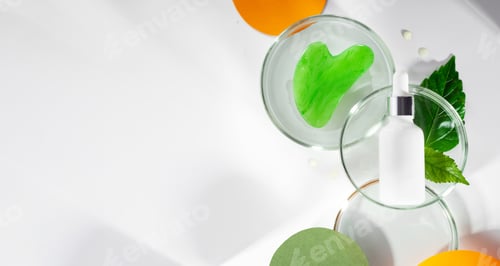 Preview: Polyglutamic acid, for deep hydration and facial skin care. Petri dishes with green leaf and water.