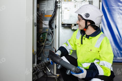 Preview: woman factory engineers wear uniform and helmet are checking quality system