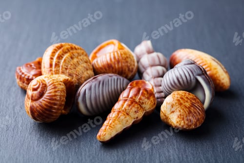 Preview: Chocolate Candies, Traditional Belgian Shell Shape. Grey Slate Background. Close up.