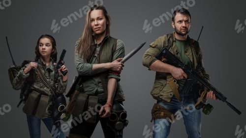 Preview: Post apocalyptic woman with knife against little girl and man