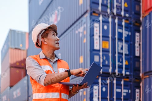 Preview: man engineering in uniform wearing safety helmet using laptop checking containers loading