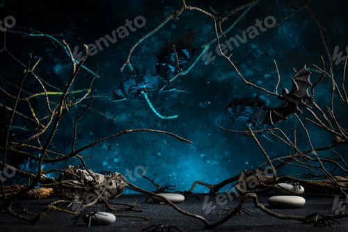 Preview: Halloween scary dark blue background with twisted branches, bats, stones and spiders, copy space