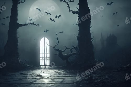 Preview: Halloween night gloomy landscape with a glowing portal in the dark.