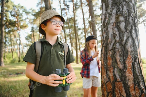 Preview: Two happy children having fun during forest hike on beautiful day in pine forest.