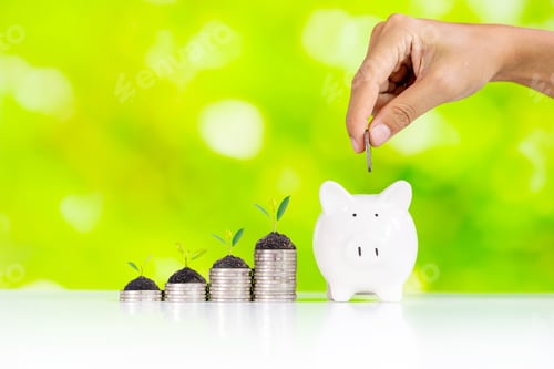 Preview: Stack of coins with plant growing and hand put coins into the piggy bank